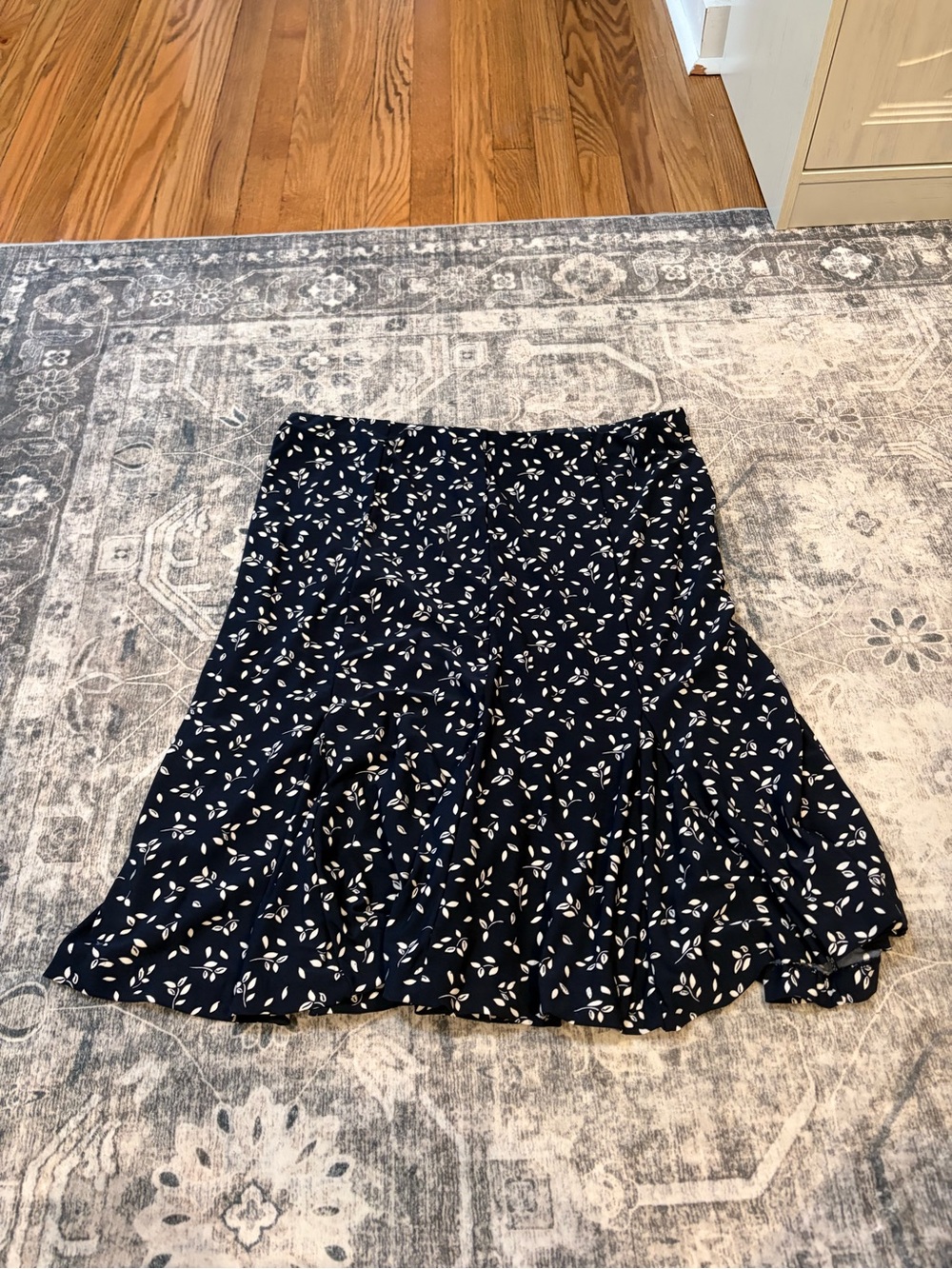 Chaps Navy Midi Skirt with White Leaf Print
